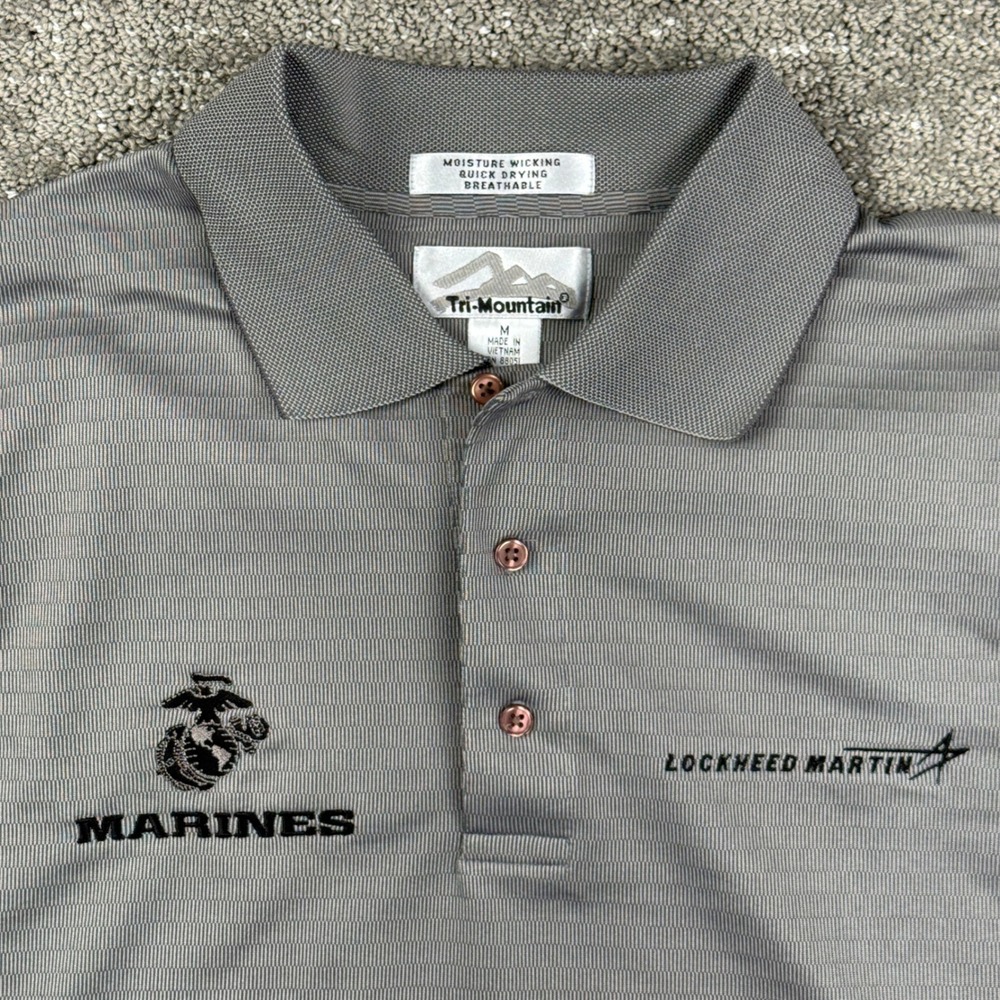 Tri-Mountain Polo Shirt Mens M Gray Lockheed Martin Marines Performance S410